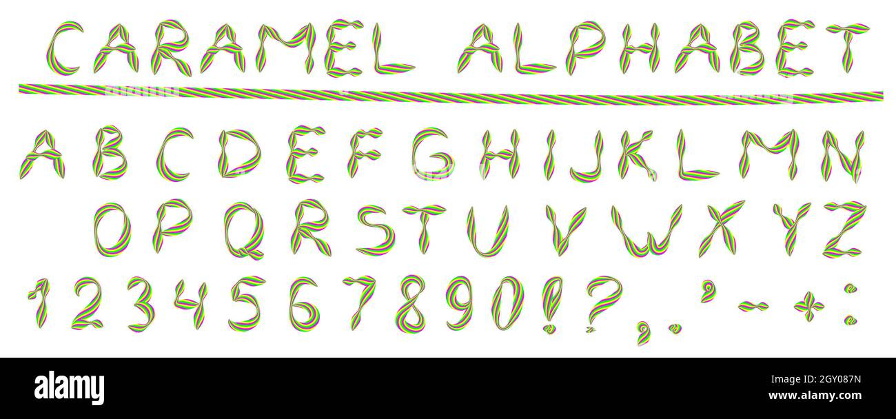 Latin alphabet made of caramel candies isolated on white. Font made of