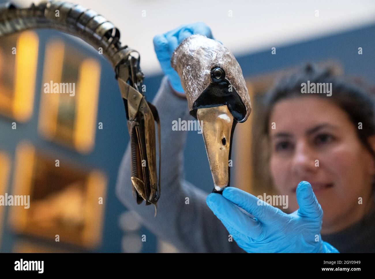 A Silver Swan musical automaton, which dates from 1773, is taken apart as a team of conservators and curators assess the Silver Swan at The Bowes Museum in County Durham ahead of maintenance and conservation plans. Picture date: Wednesday October 6, 2021. Stock Photo