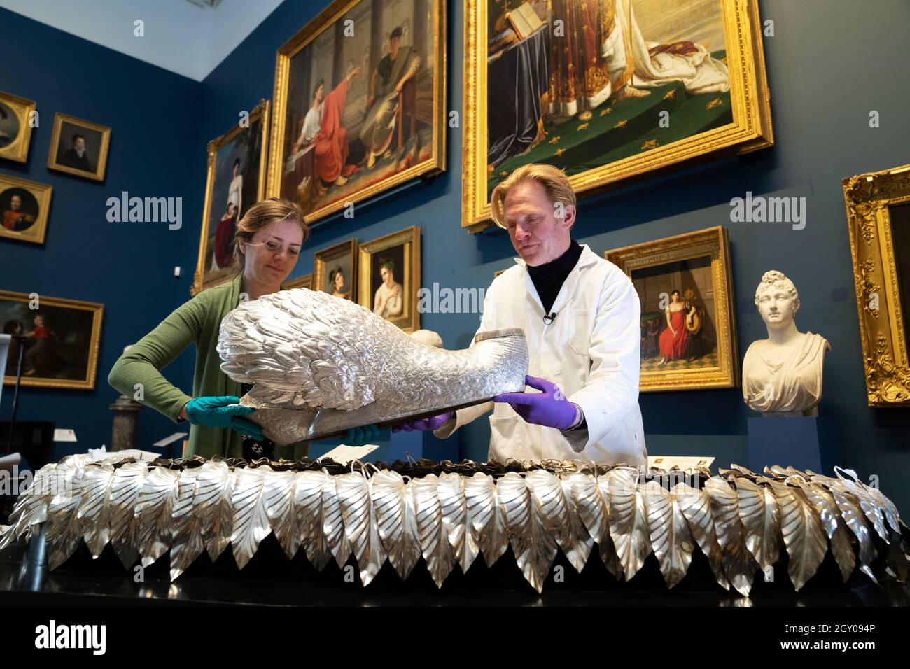 A Silver Swan musical automaton, which dates from 1773, is taken apart as a team of conservators and curators assess the Silver Swan at The Bowes Museum in County Durham ahead of maintenance and conservation plans. Picture date: Wednesday October 6, 2021. Stock Photo