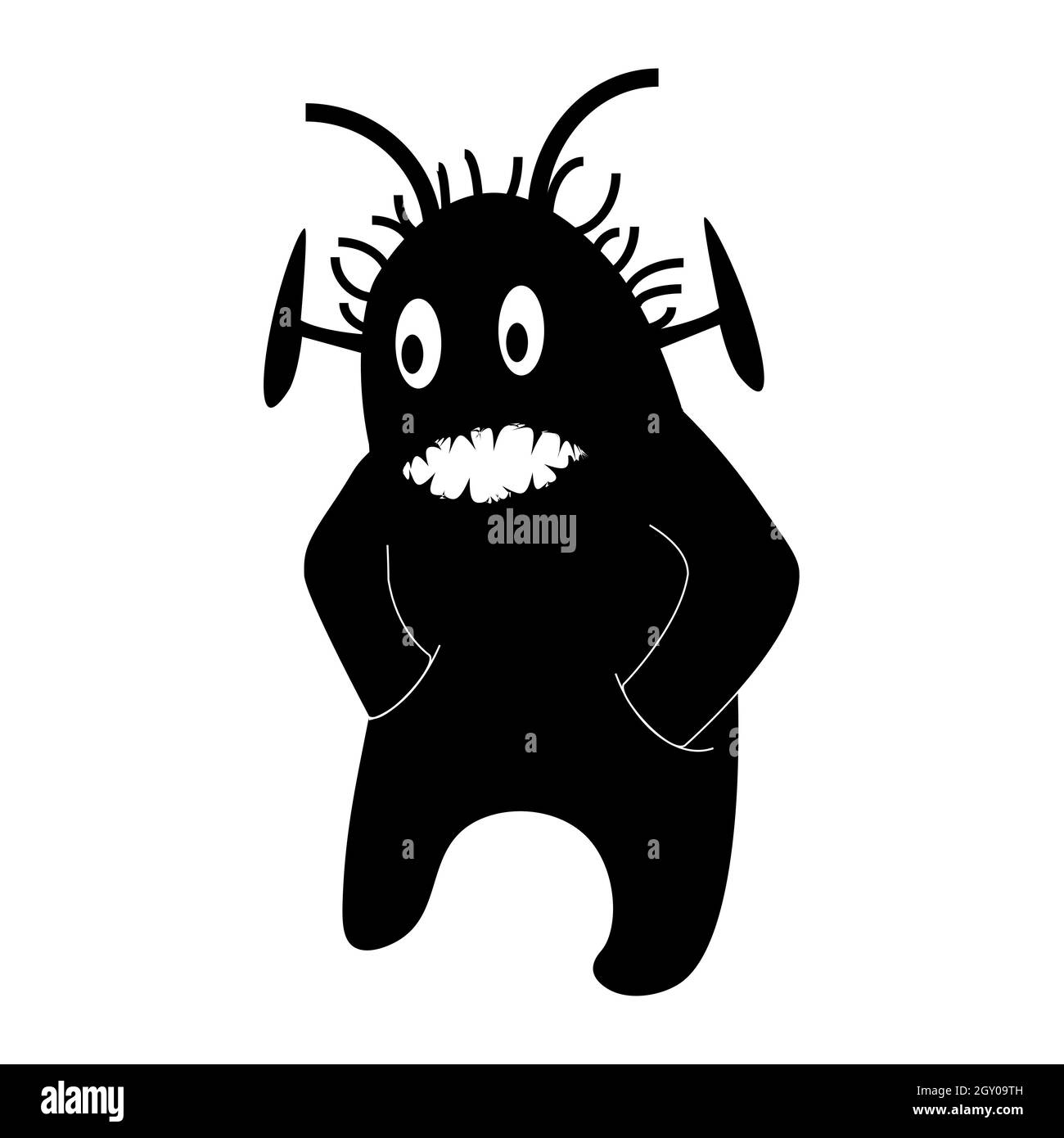 Silhouette of an alien monster with hands in the pockets of his pants. A creature with big eyes and sharp teeth. Isolated vector. Stock Vector