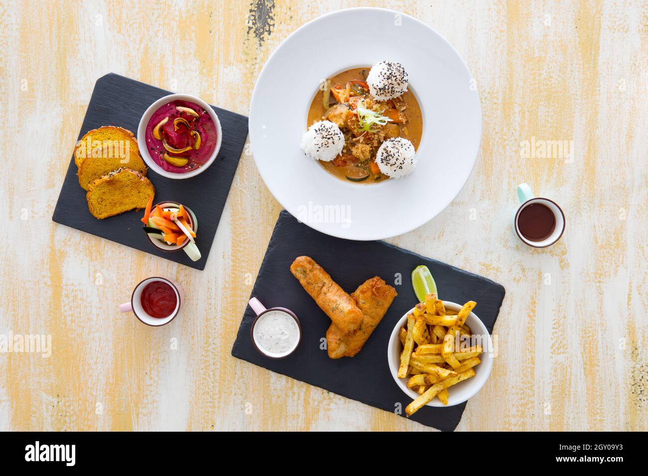 Food disches  composition hi view, above view, creative contemporary concept  set Stock Photo