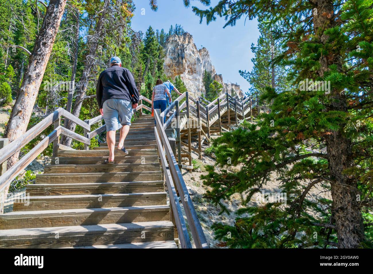 YELLOWSTONE, WY - SEPTEMBER 9: Tourist climbing a staircase in Yellowstone, WY on September 9, 2017. Stock Photo