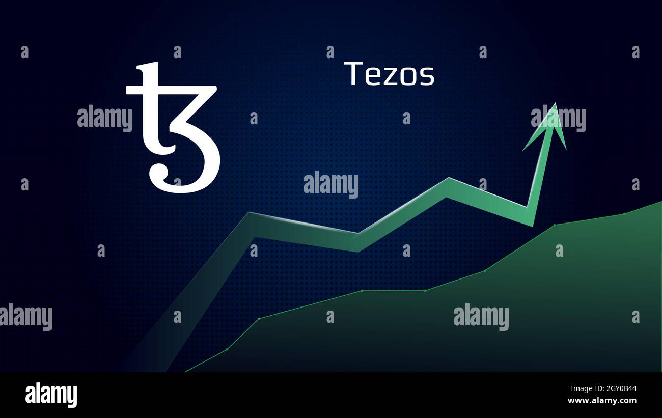 Tezos XTZ in uptrend and price is rising. Cryptocurrency coin symbol and green up arrow. Flies to the moon. Vector illustration. Stock Vector