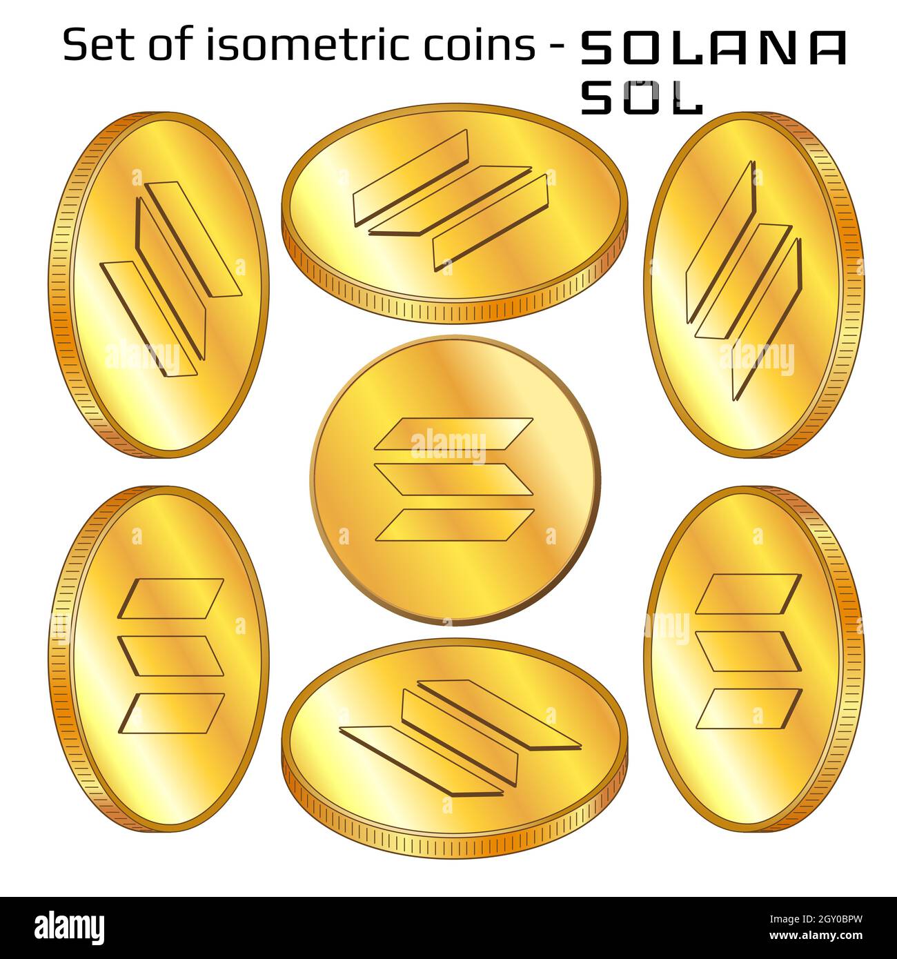 Set of gold coins Solana SOL in isometric view isolated on white ...