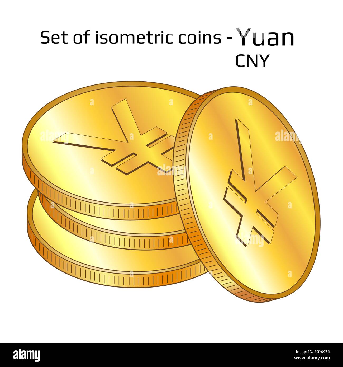 Set of gold digital coins in stack Yuan CNY in isometric view isolated