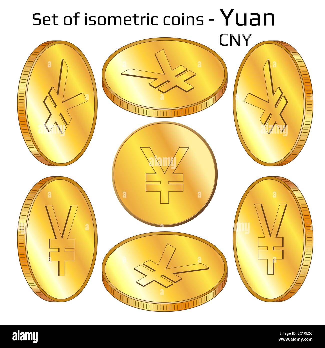 Set of gold digital coins Yuan CNY in isometric view isolated on white
