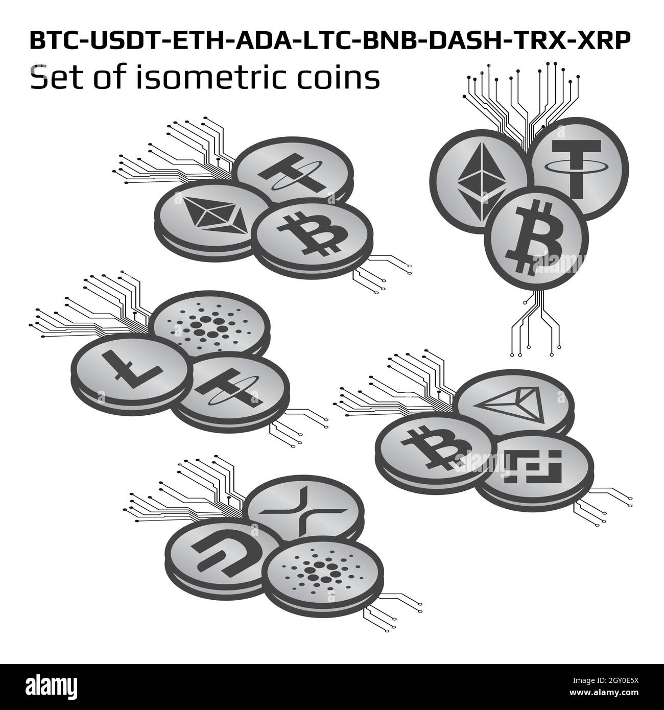Set of isometric main cryptocurrency coins in bw isolated on white on  top-left view. Isometric crypto symbols on coins. Vector illustration Stock  Photo - Alamy