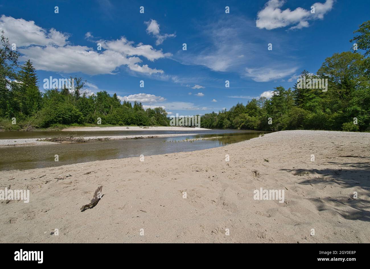 A very beautiful and lonely sandy beach on the Isar river in Bavaria Stock Photo