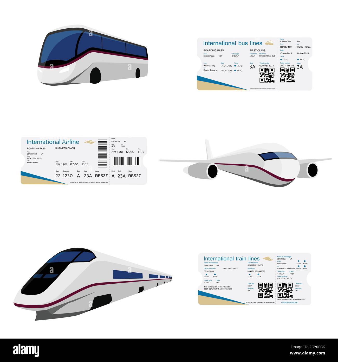 World travel and tourism concept. Ticket with QR code, boarding pass ticket template design. Bus, air, train and cruise lines. Vector Stock Vector