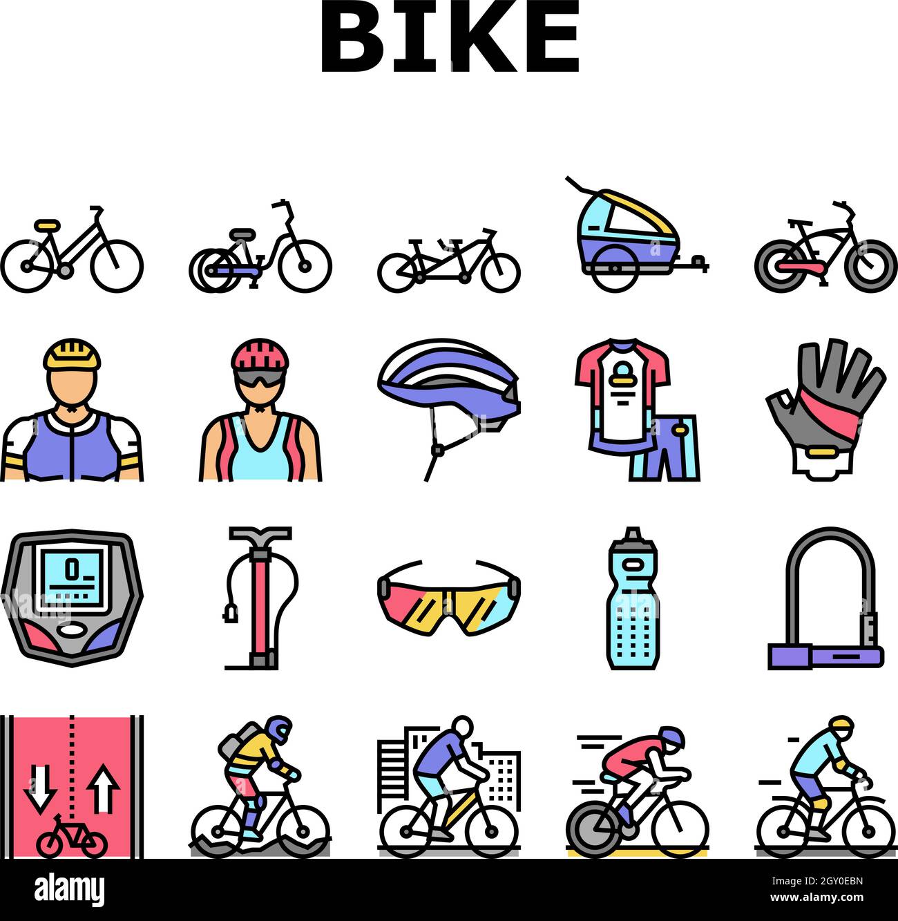 Bike Transport And Accessories Icons Set Vector. Bike And Tricycle