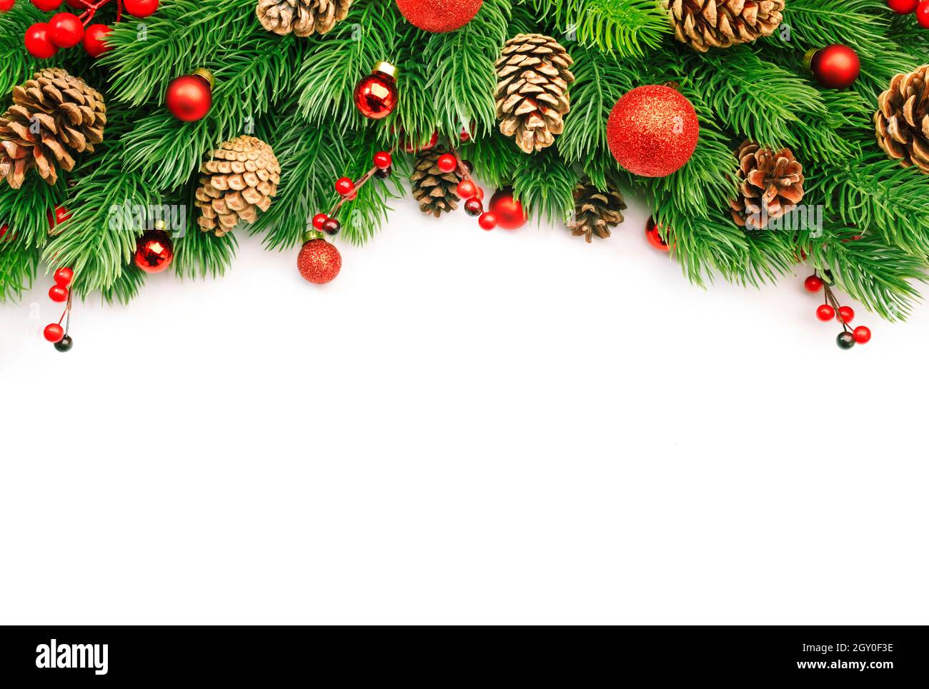 Christmas and New Year background with green spruce branches, cones ...
