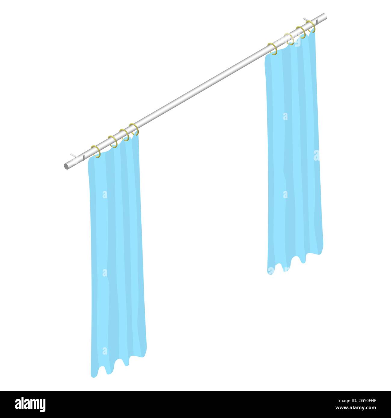 Isometric curtains with rings on the cornice. Light blue curtains. Room interior element. Vector EPS10. Stock Vector