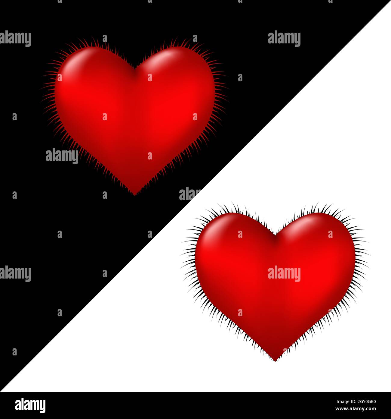 Red furry 3d heart on a black and white background. Symbol of love and fidelity. Vector. Stock Vector