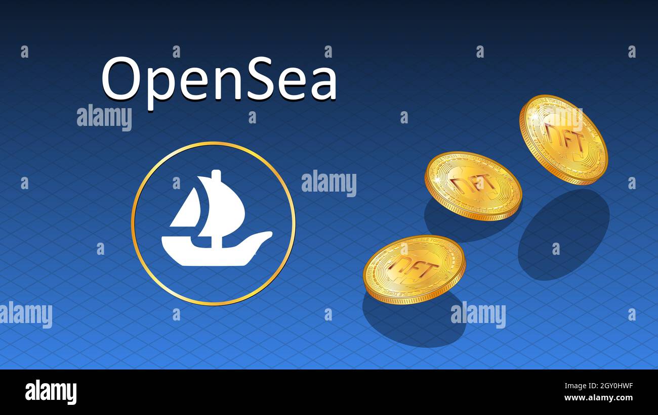 OpenSea text and logo internet platform NFT token market and auction with  falling golden coins. New trend in collectibles sales. Banner for news and  m Stock Photo - Alamy