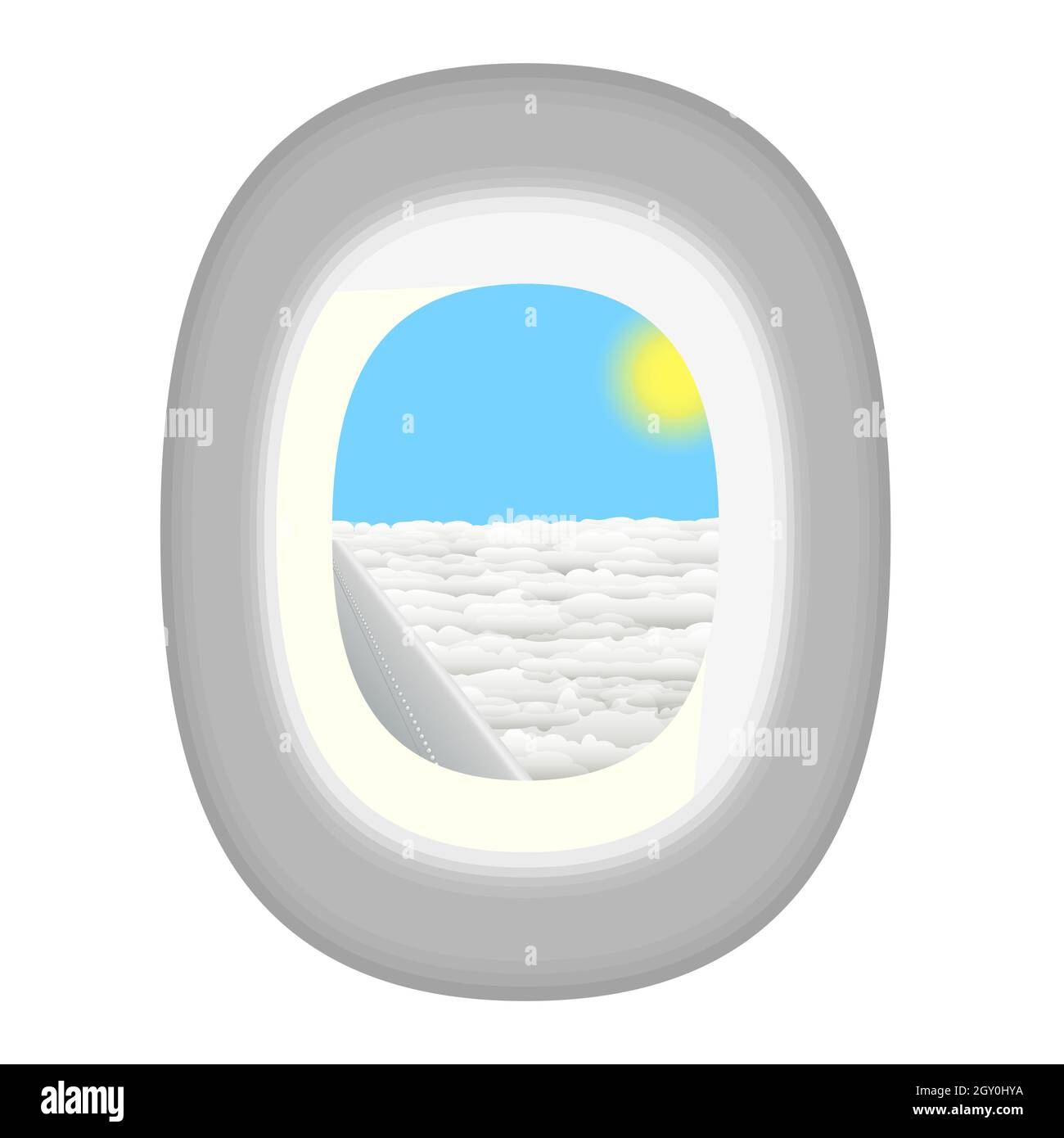 Isolated vector porthole in airplane. Behind the glass, the sun, clouds, and the wing of the plane. The view from the plane. Stock Vector