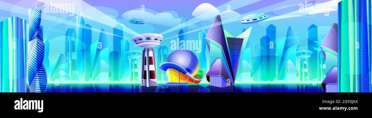 Future city with futuristic glass buildings of unusual shapes. Cartoon alien urban cityscape. Modern style architecture towers, skyscrapers. Metropolis landscape with flying town parts and spaceship. Stock Vector