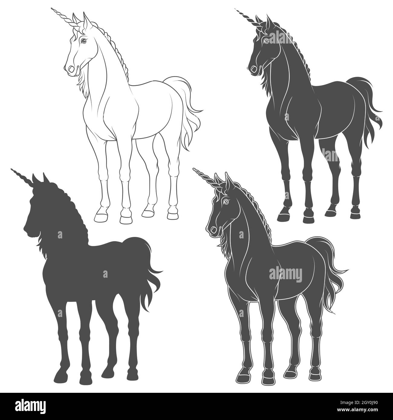 Set of black and white illustrations with a unicorn. Isolated vector objects on white background