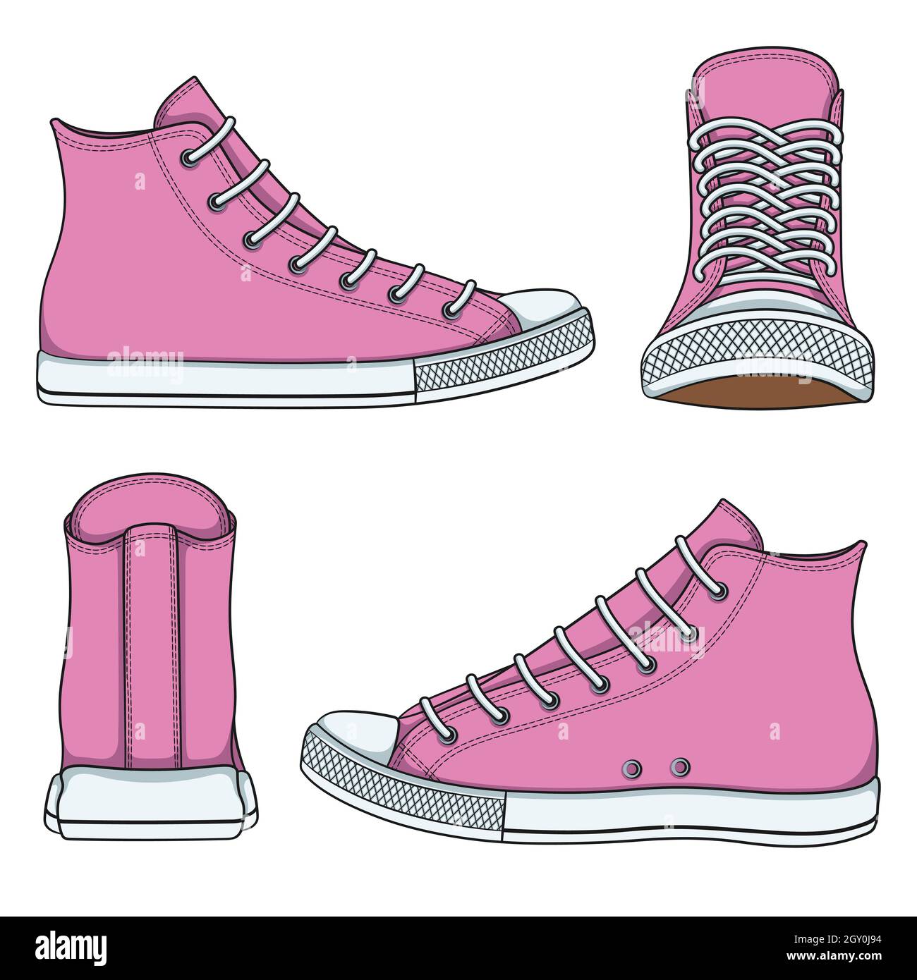 Set of illustrations with pink sneakers. Isolated vector objects on white background. Stock Vector