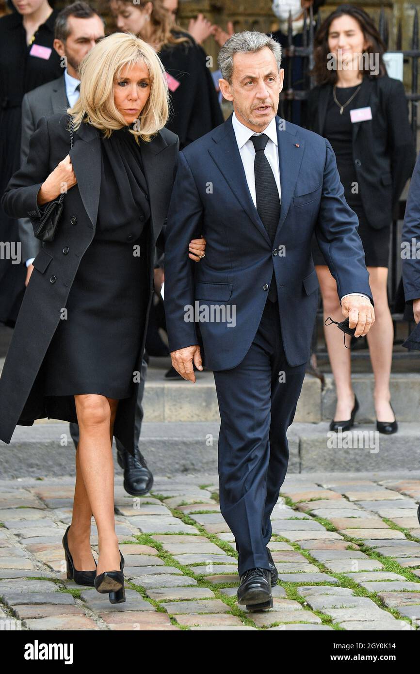 Brigitte Macron and Nicolas Sarkozy during a tribute mass for French tycoon  Bernard Tapie at Saint Germain des Pres church in Paris, France on October  6, 2021. The funeral will be held