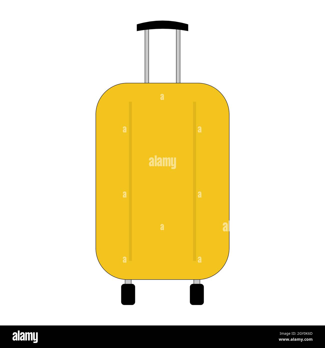 Travel suitcase on wheels with a pulled out handle isolated on white. Yellow plastic modern travel suitcase for clothes. Vector EPS10. Stock Vector