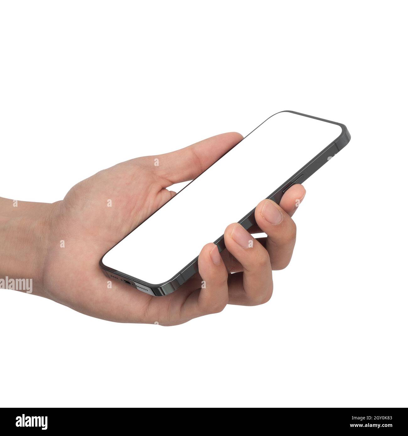 Man hand holding the black smartphone with blank screen isolated on ...