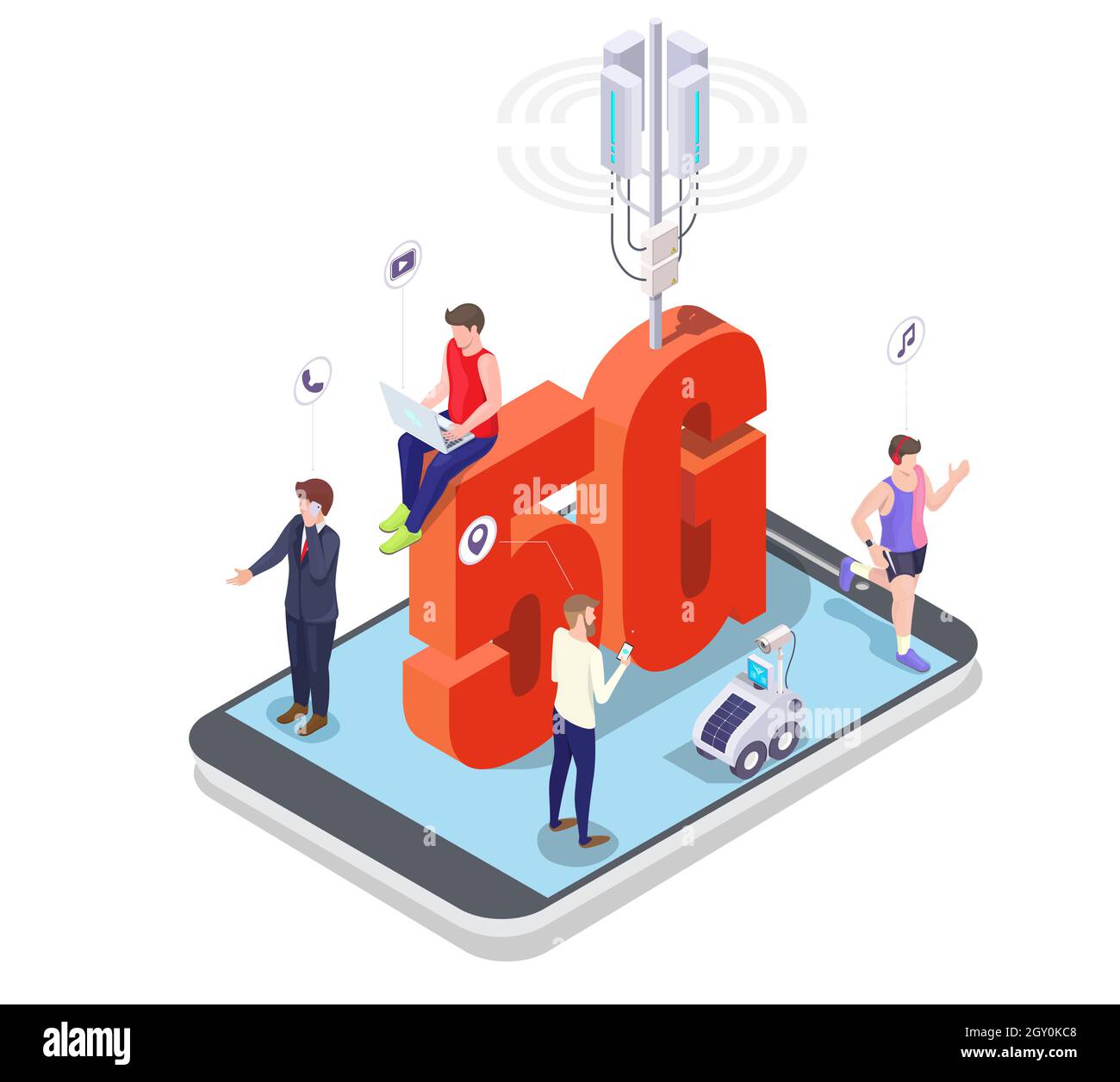 5g cell tower, people using mobile phone, laptop, smart watch on smartphone screen. 5g network mobile systems, vector. Stock Vector