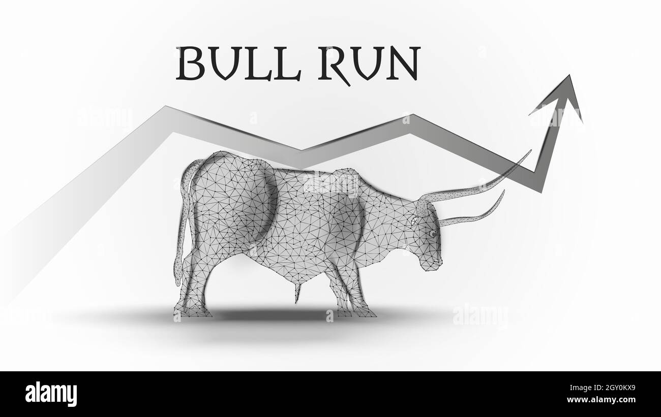 Bullish trend with a polygonal bull and an upward arrow on a light ...