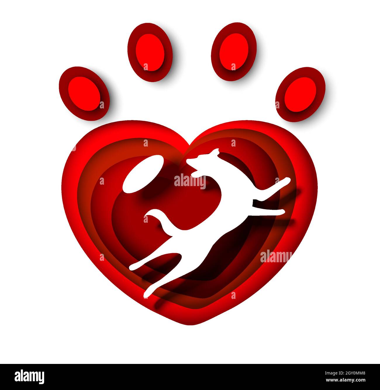 Dog white silhouette in red heart shape pet animal paw print, vector paper cut illustration. Pet shop, shelter, vet logo Stock Vector