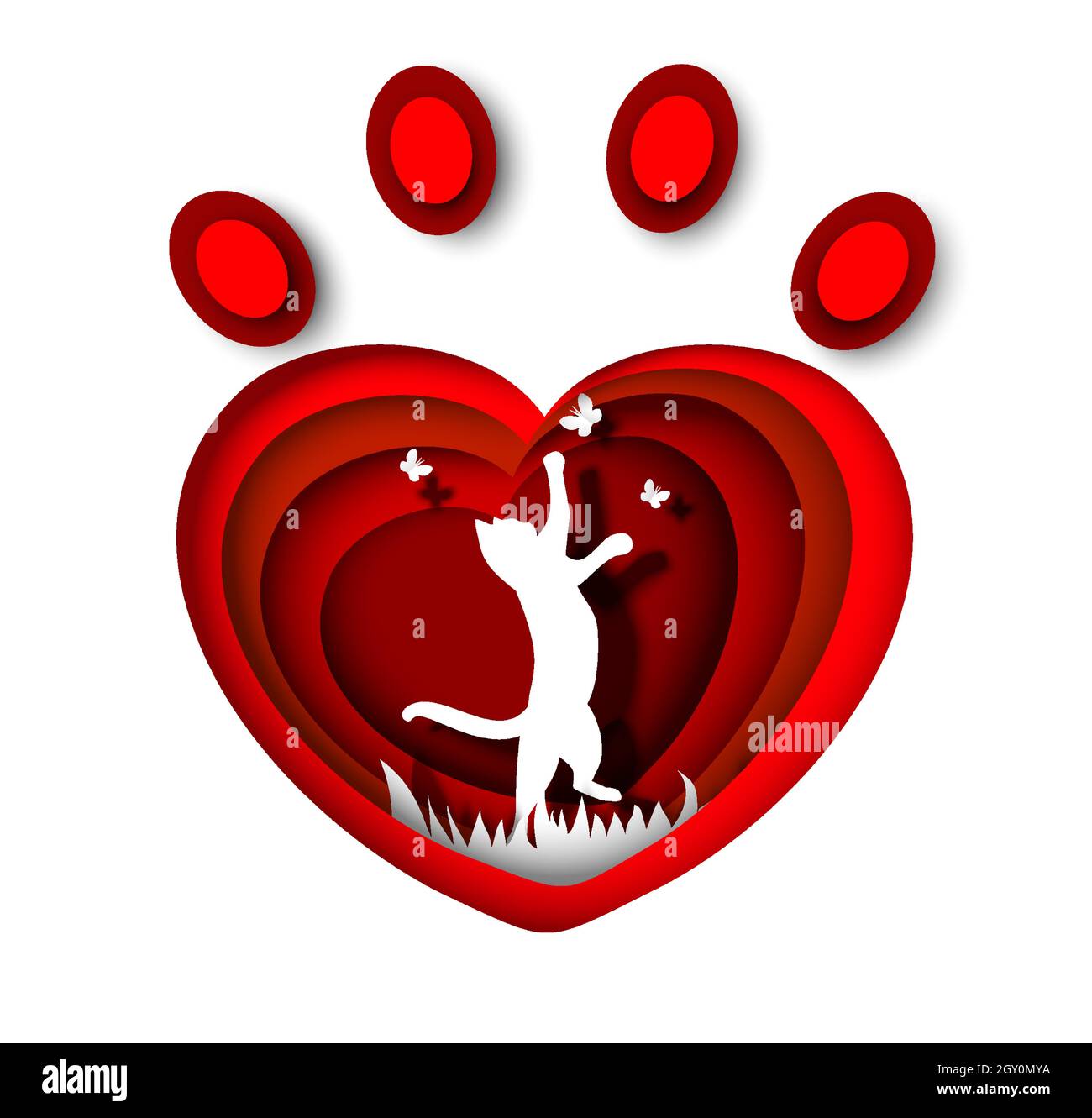 Cat white silhouette in red heart shape pet animal paw print, vector paper cut illustration. Pet shop, shelter, vet logo Stock Vector