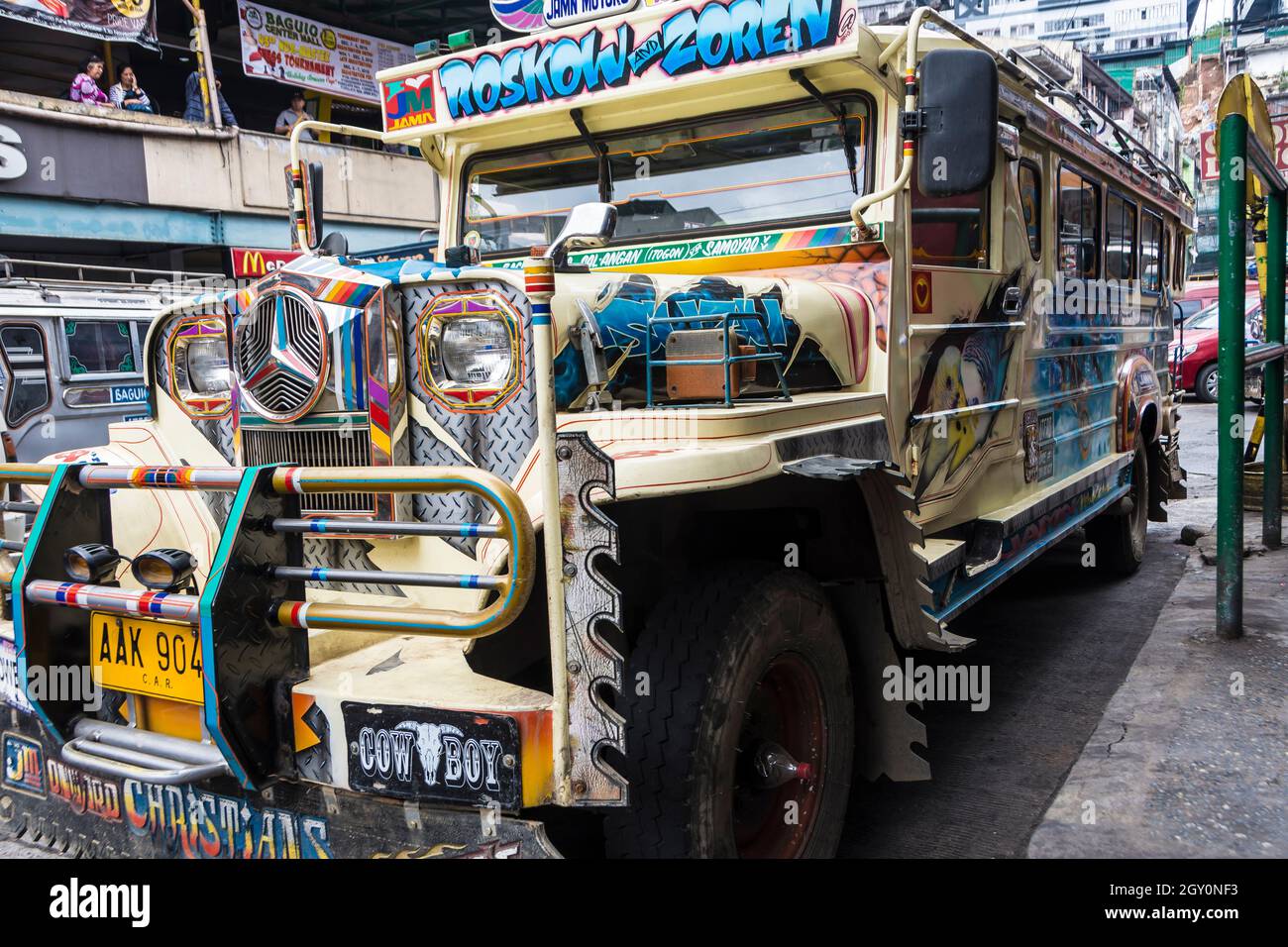 Front view of a colorful jeepney in the streets of Baguio city, Philippines. Stock Photo