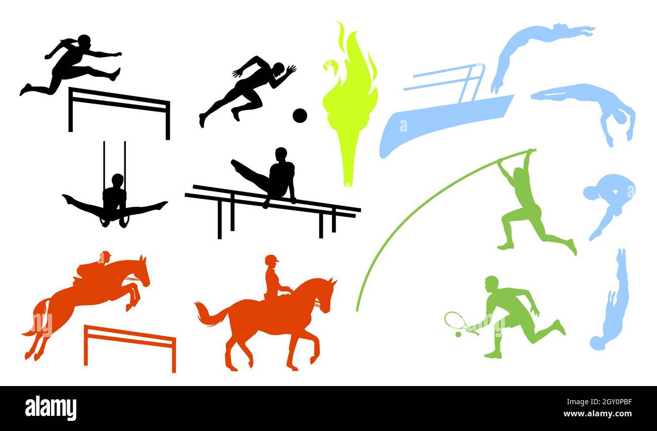 Sport people set. Gymnastics, football, springboard platform diving ...