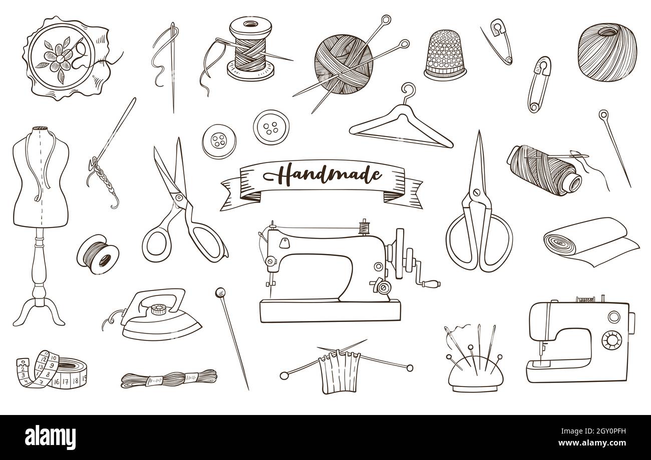 Sewing and needlework tools and accessories. Hand drawn doodle ...