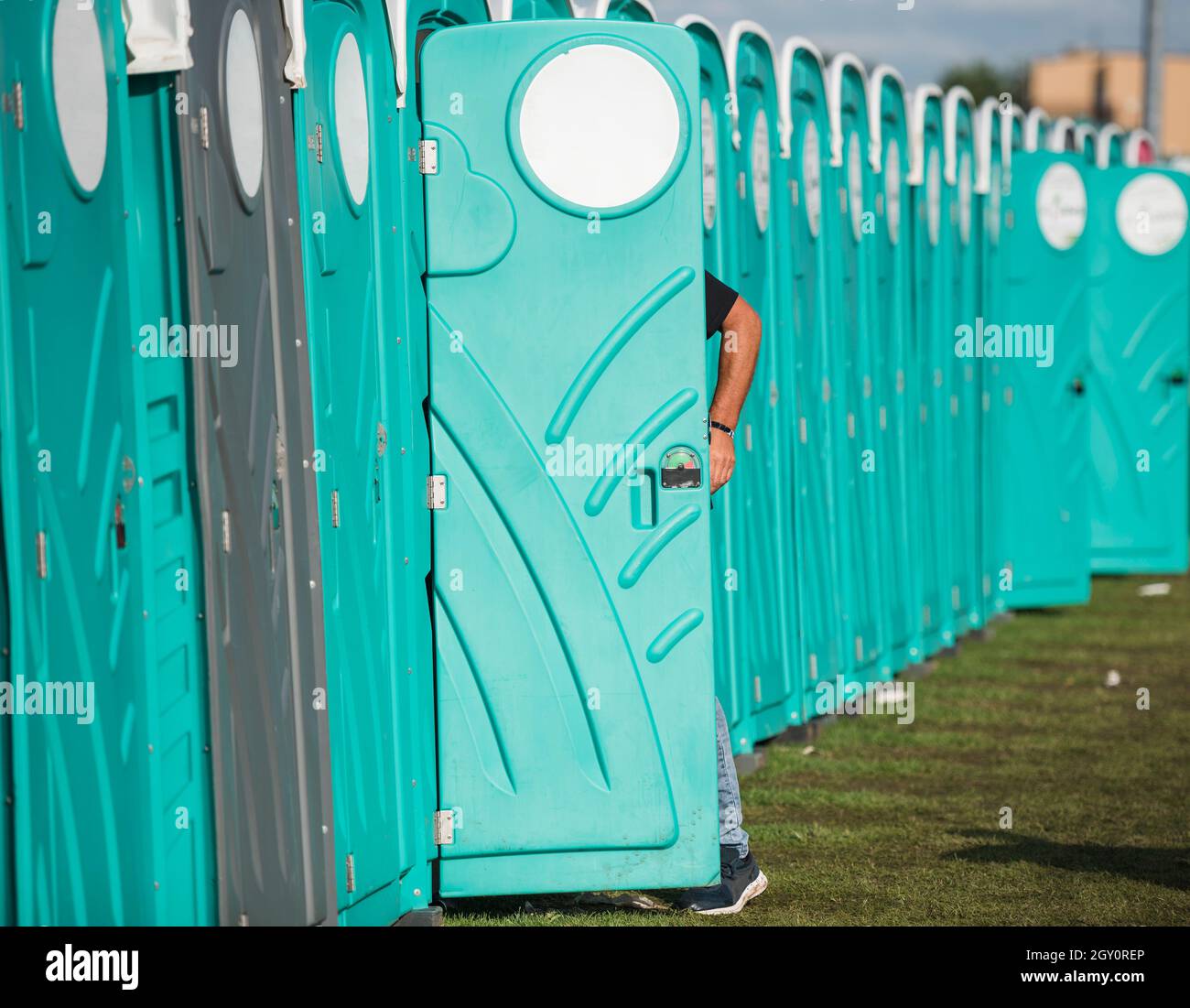Lots of temporary toilets used during outdoor events Stock Photo