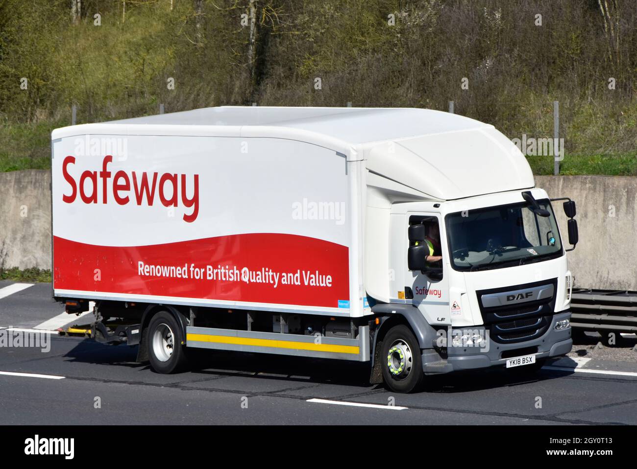 Side & front view Safeway supply chain delivery lorry truck driving UK motorway. Please refer to important note re' Morrisons & McColl partners brands Stock Photo