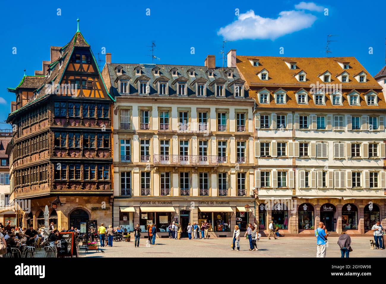 Nice view of a row of buildings on the Place de la Cathédrale in Strasbourg including the famous Kammerzell House, one of the most ornate and well... Stock Photo