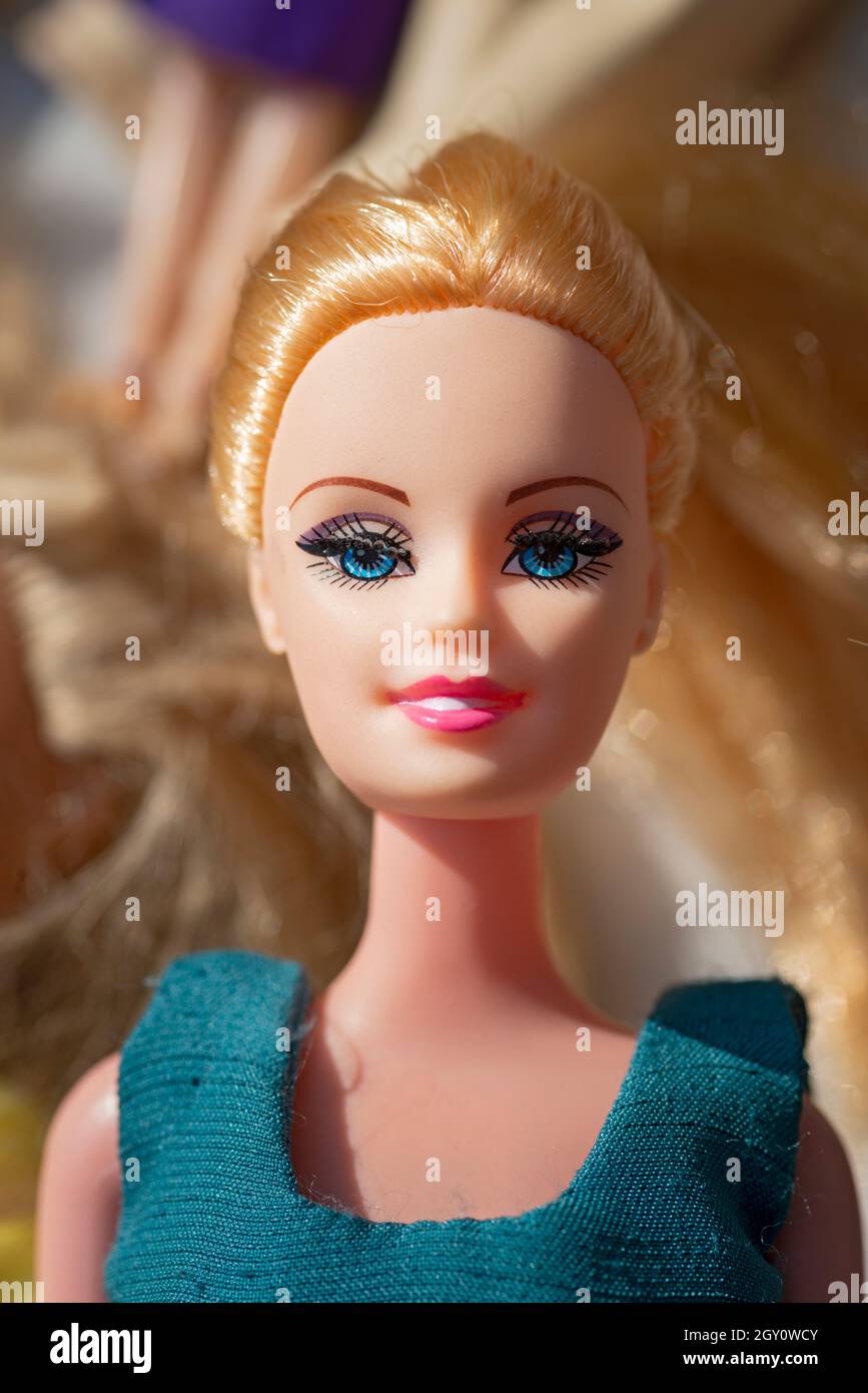 Close-up of a Barbie Doll Face with Blonde Hair Stock Photo