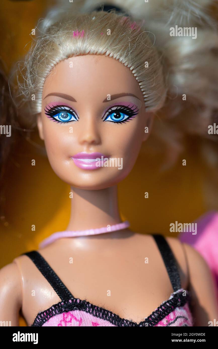 Close-up of a Barbie Doll Face with Blonde Hair Stock Photo