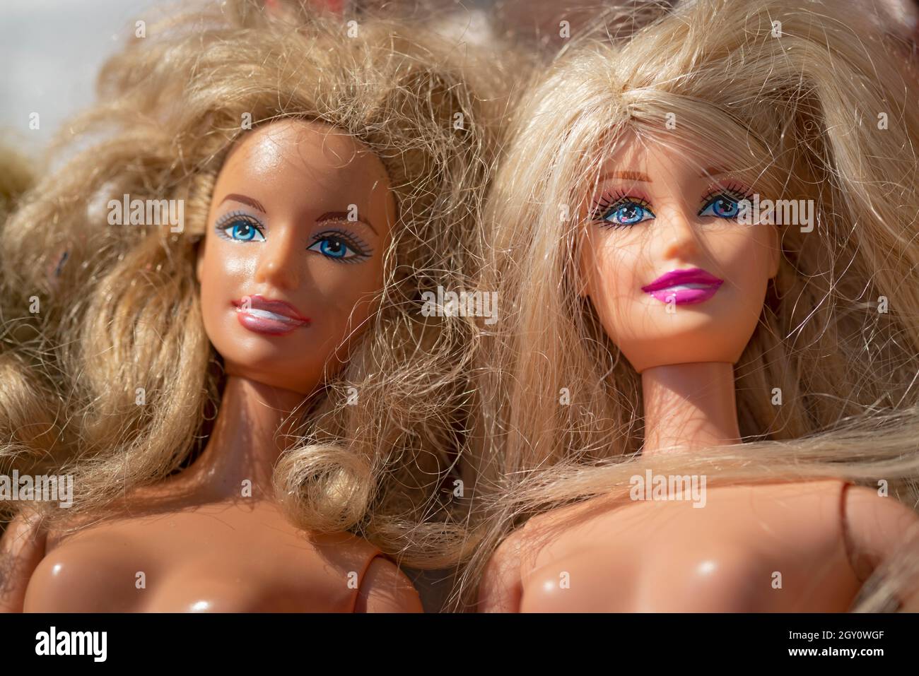 Close-up of a Barbie Dolls Face with Blonde Hair Stock Photo