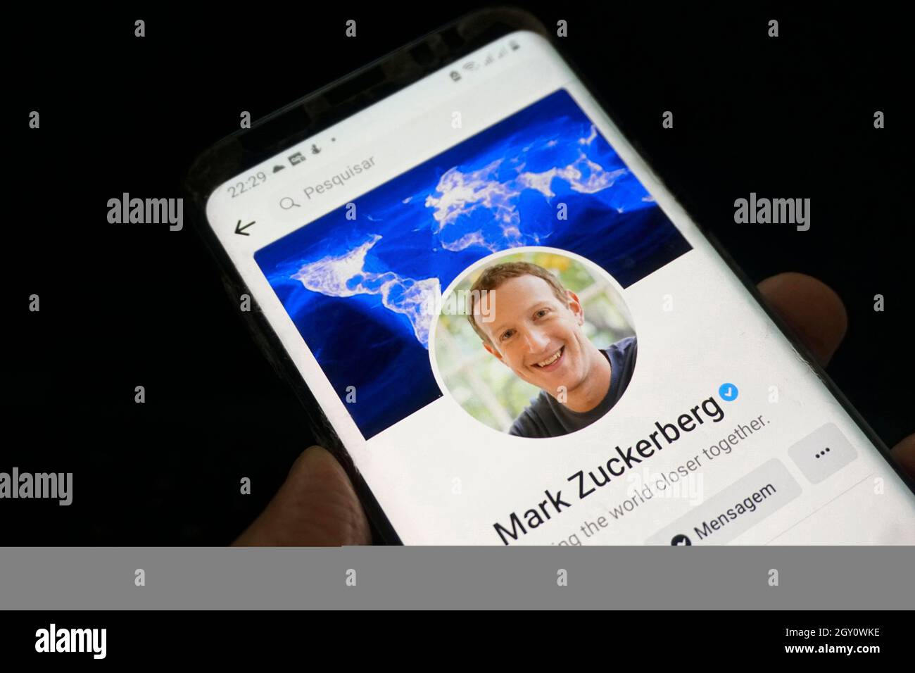 October 6, 2021: BRAZIL - 2021/10/06: In this photo illustration the profile of Facebook founder Mark Zuckerberg seen displayed on a smartphone. (Credit Image: © Cris Faga/ZUMA Press Wire) Stock Photo