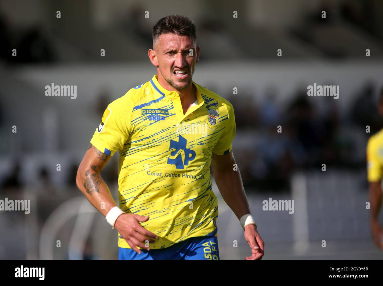 MOREIRA DE CONEGOS, PORTUGAL - SEPTEMBER 25: Pedro Moreira of FC Arouca  looks on ,during the Liga Portugal Bwin match between Moreirense FC and FC  Arouca at Estadio Comendador Joaquim de Almeida