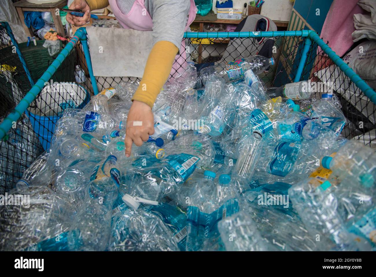 Plastic bottles are seen at the collecting point at Wat Chak Daeng in