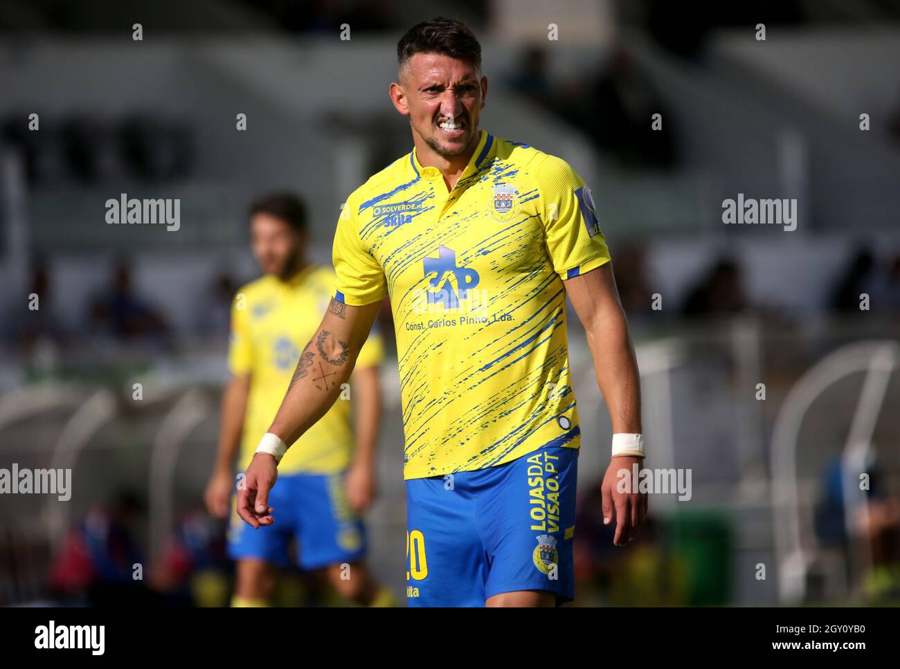 MOREIRA DE CONEGOS, PORTUGAL - SEPTEMBER 25: Pedro Moreira of FC Arouca  looks on ,during the Liga Portugal Bwin match between Moreirense FC and FC  Arouca at Estadio Comendador Joaquim de Almeida