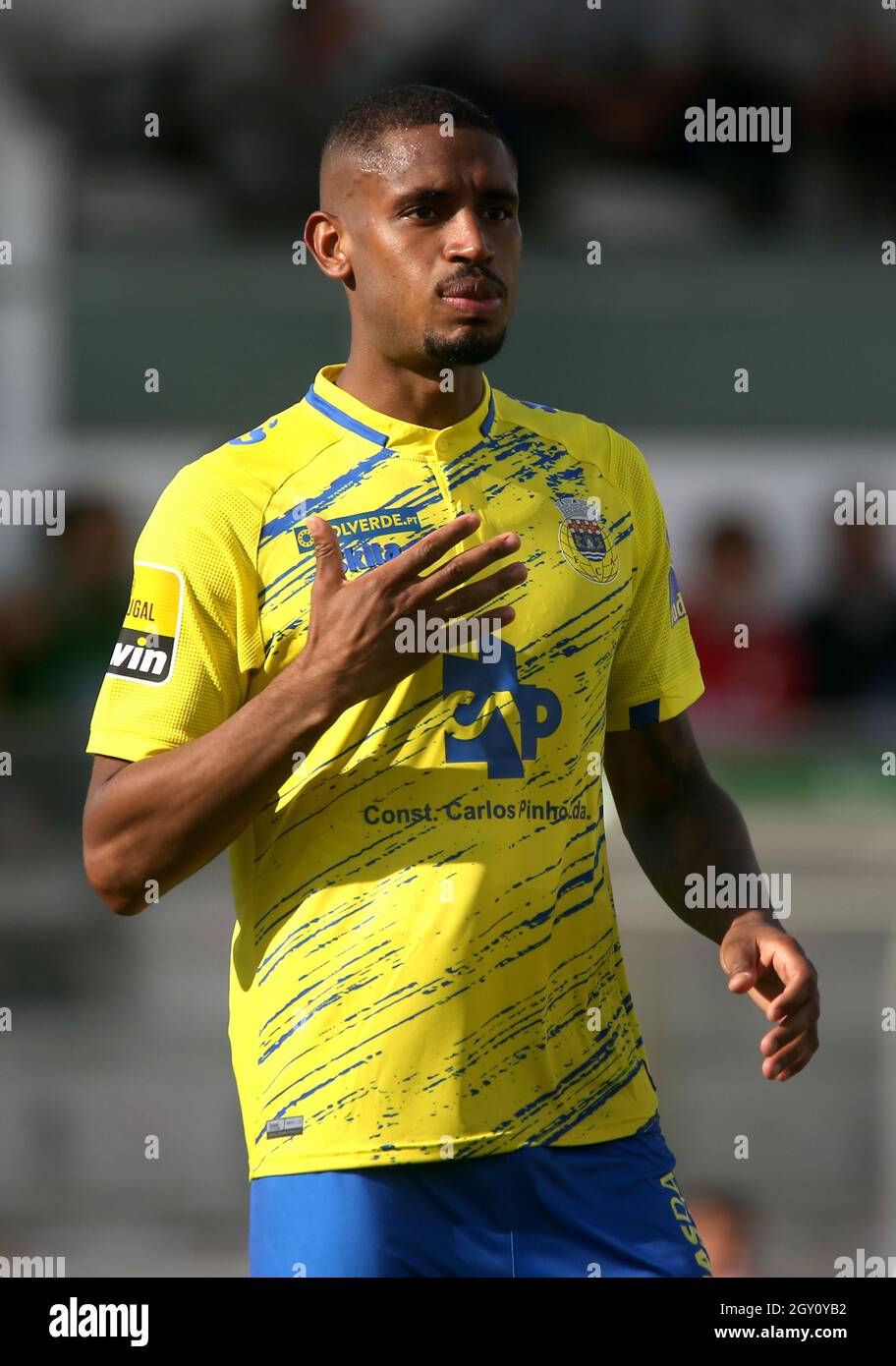 MOREIRA DE CONEGOS, PORTUGAL - SEPTEMBER 25: Pedro Moreira of FC Arouca  looks on ,during the Liga Portugal Bwin match between Moreirense FC and FC  Arouca at Estadio Comendador Joaquim de Almeida