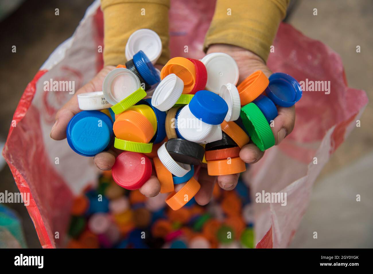 Plastic bottle caps are seen at the collecting point at Wat Chak Daeng in Samut Prakarn.Bangkok