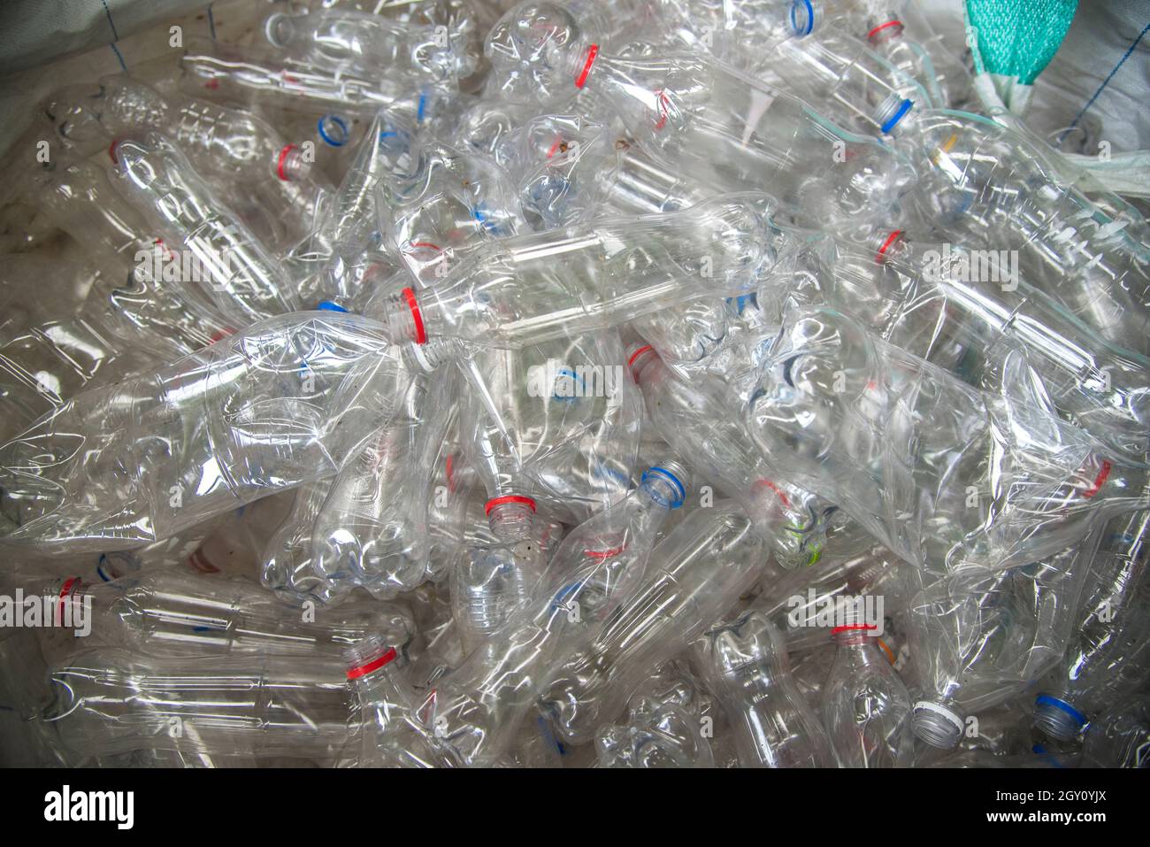 Plastic bottles are seen at the collecting point at Wat Chak Daeng in
