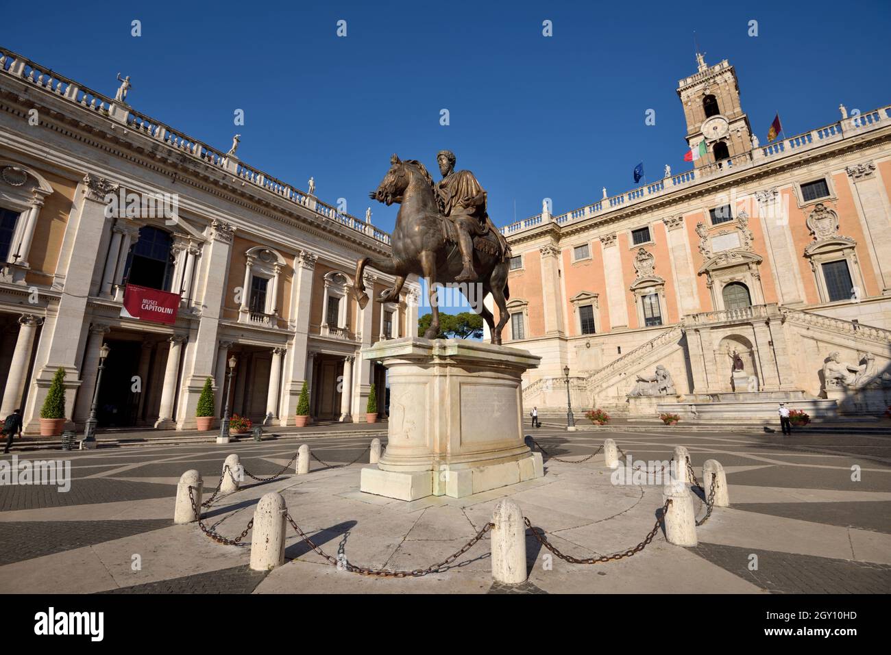 Italy, Rome, Piazza del Campidoglio, statue of Marcus Aurelius, Palazzo Nuovo and Palazzo Senatorio Stock Photo