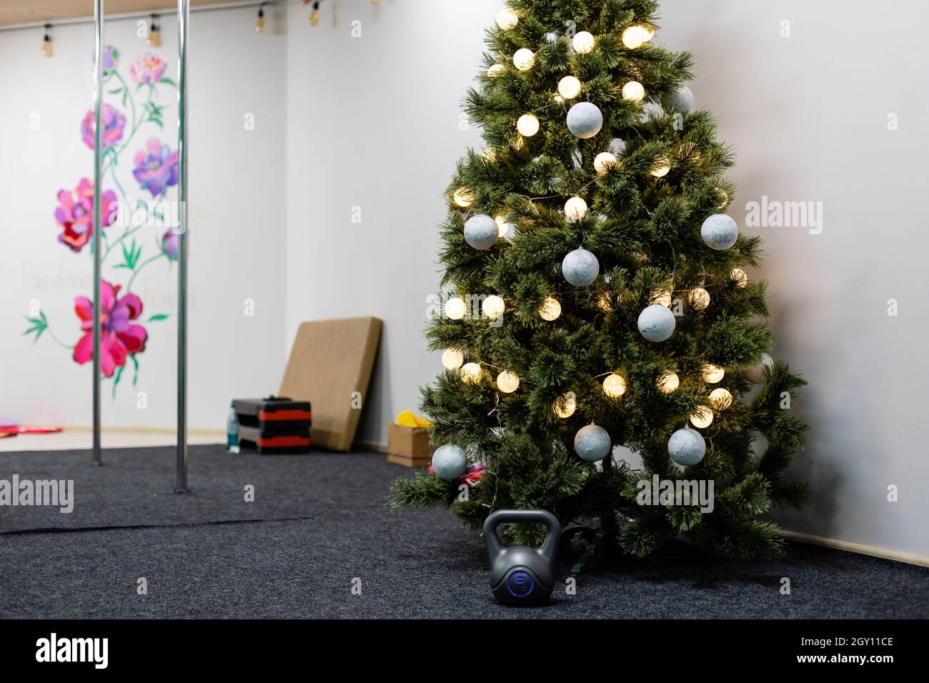 christmas tree in the gym Stock Photo Alamy