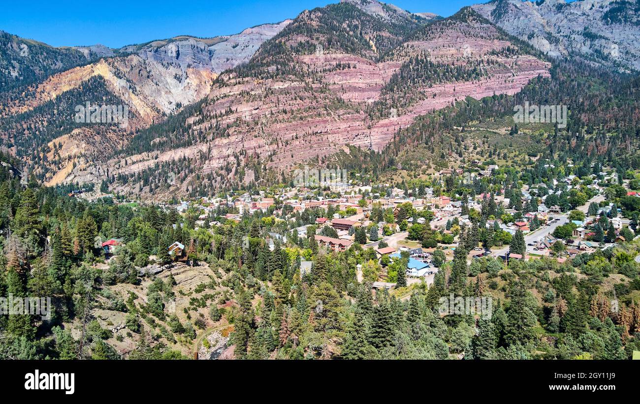 Aerial view of peaceful small mountain town Stock Photo - Alamy