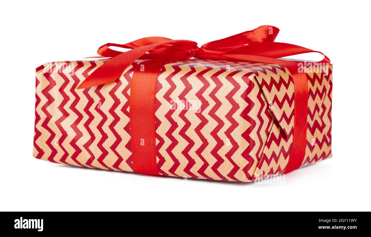 Christmas gift box with red ribbon isolated on white background Stock ...