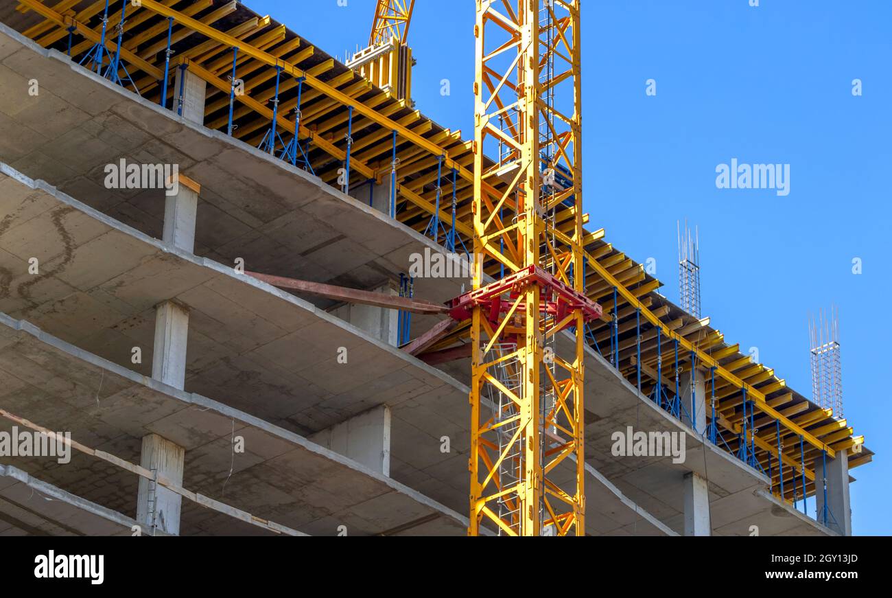 Tower building equipment construction crane closeup view, structure of development equipment